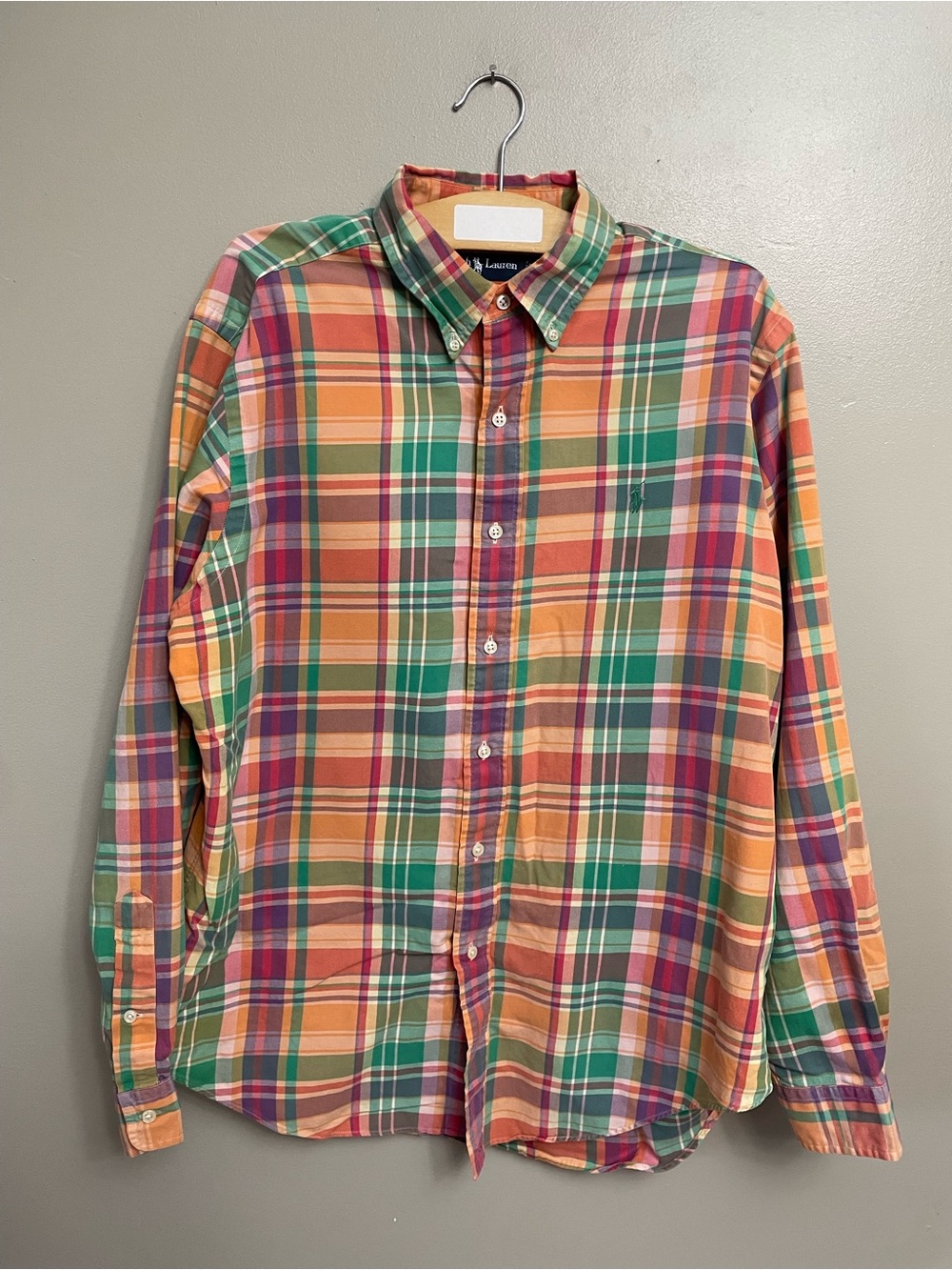 Ralph Lauren Polo Oxford Button Pink Plaid Long Sleeve Mens L Shirt Green Pony